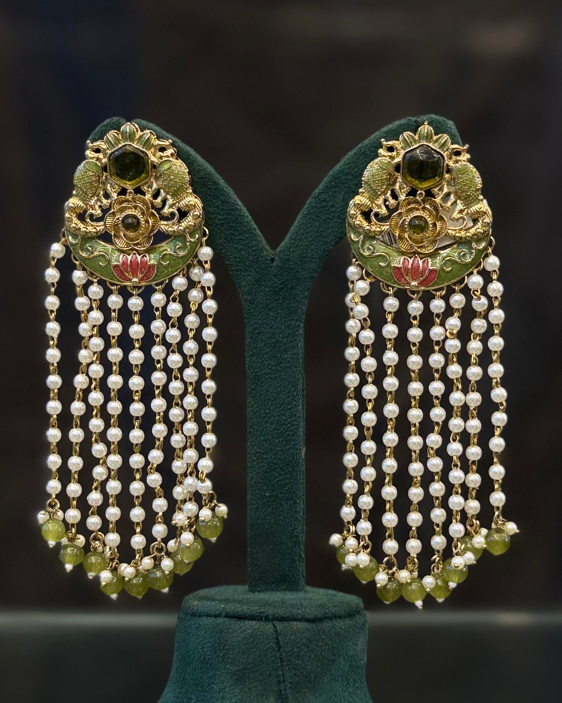 Traditional Floral Pearl Tassel Earrings with Gold-Tone Detailing | THV522