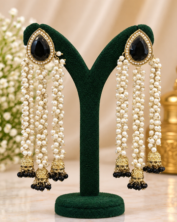 Black Stone Gold-Tone Pearl Tassel Earrings | THV523