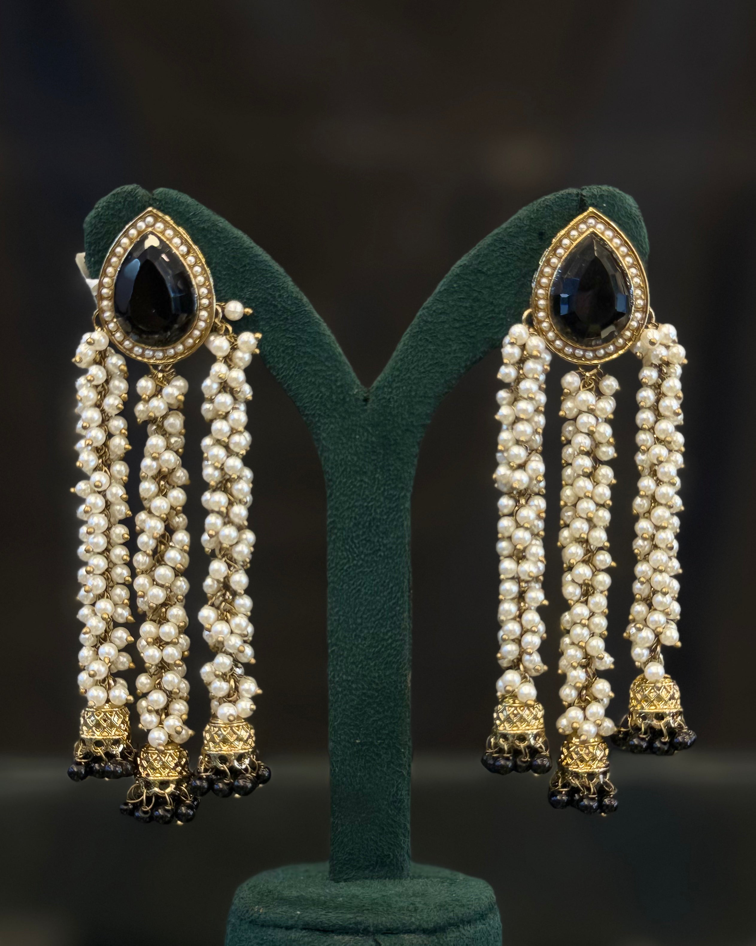 Black Stone Gold-Tone Pearl Tassel Earrings | THV523