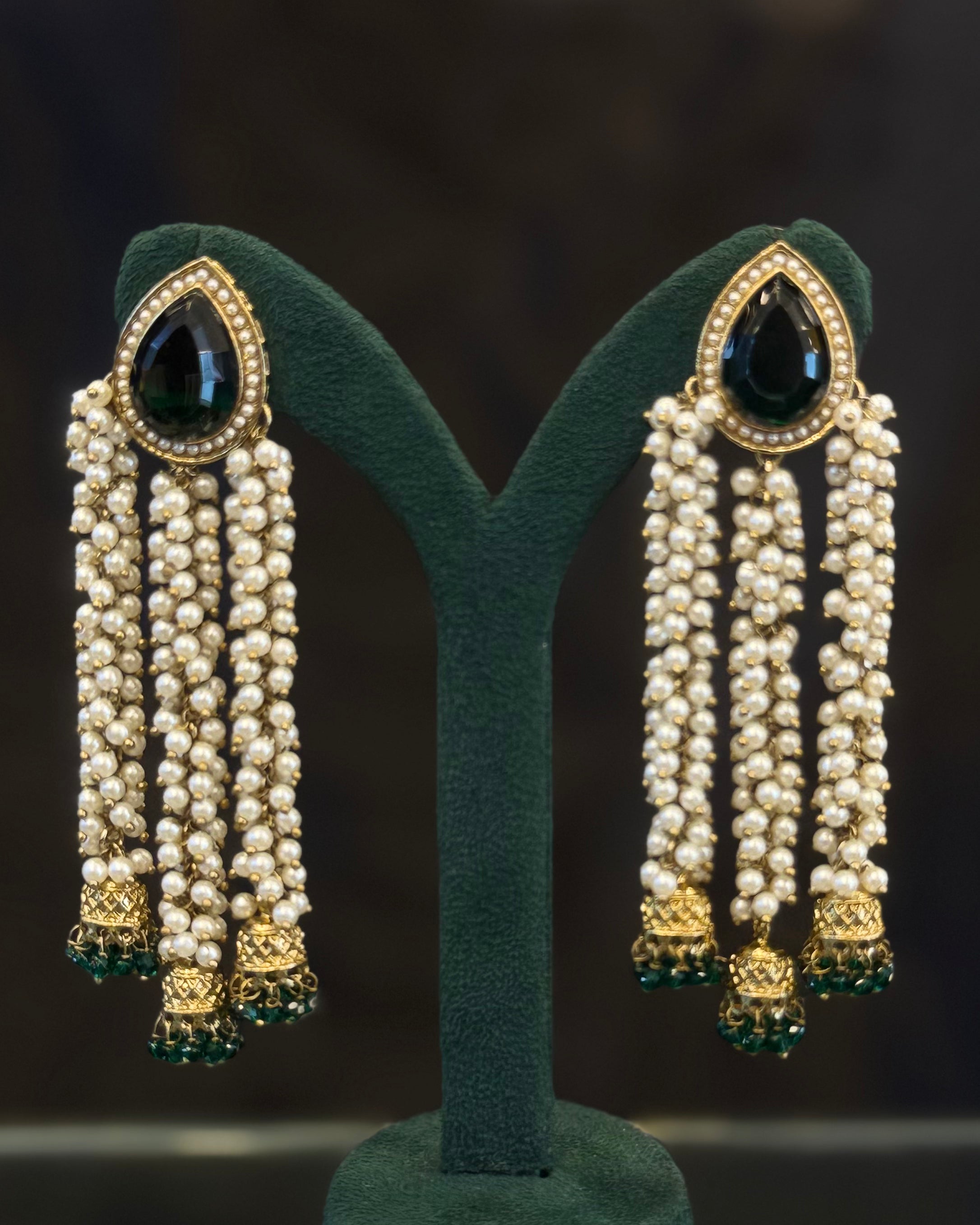 Black Stone Gold-Tone Pearl Tassel Earrings | THV523