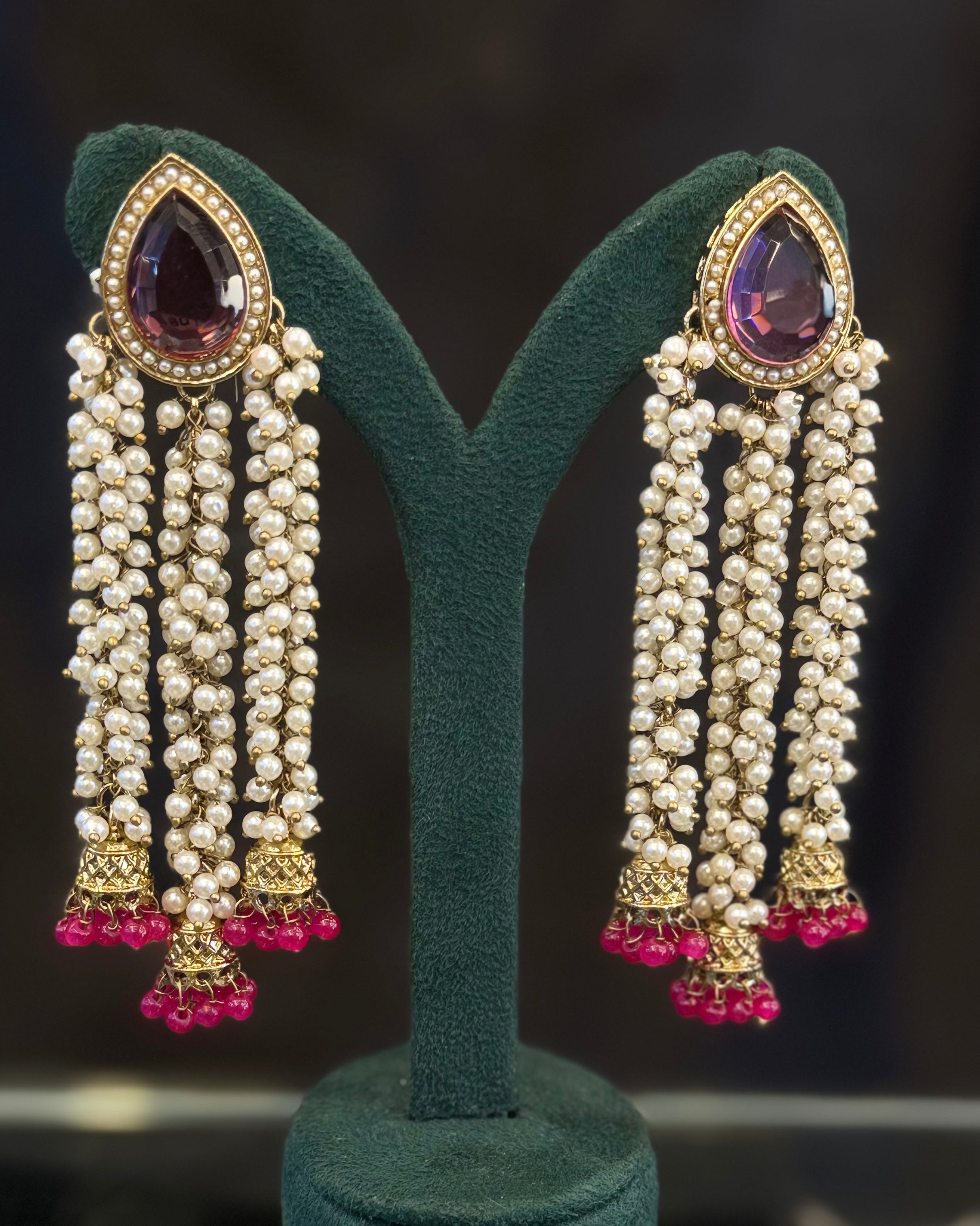 Black Stone Gold-Tone Pearl Tassel Earrings | THV523