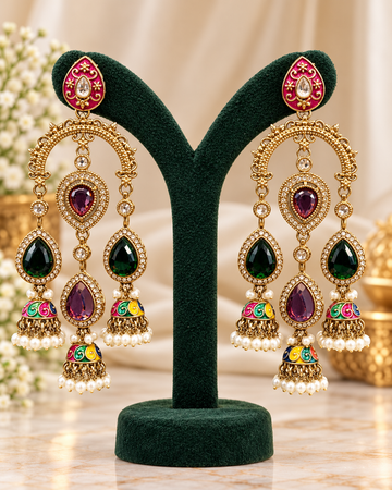 Multicolor Gold-Tone Traditional Jhumka Earrings with Kundan-Style Stones and Pearl Drops | THV527