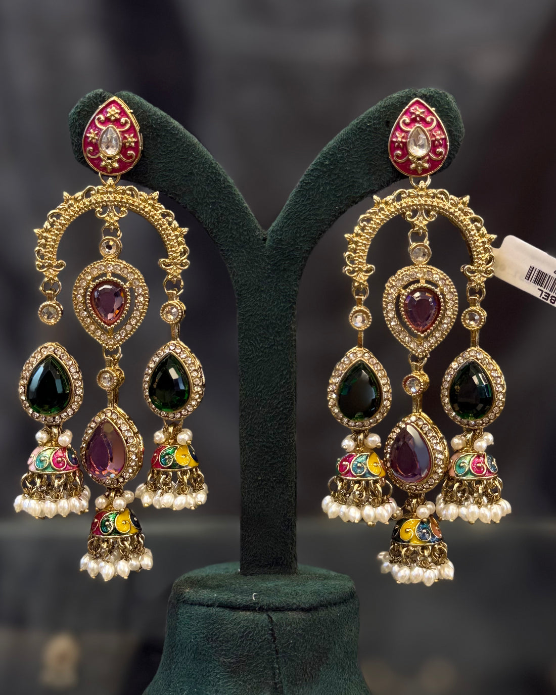 Multicolor Gold-Tone Traditional Jhumka Earrings with Kundan-Style Stones and Pearl Drops | THV527