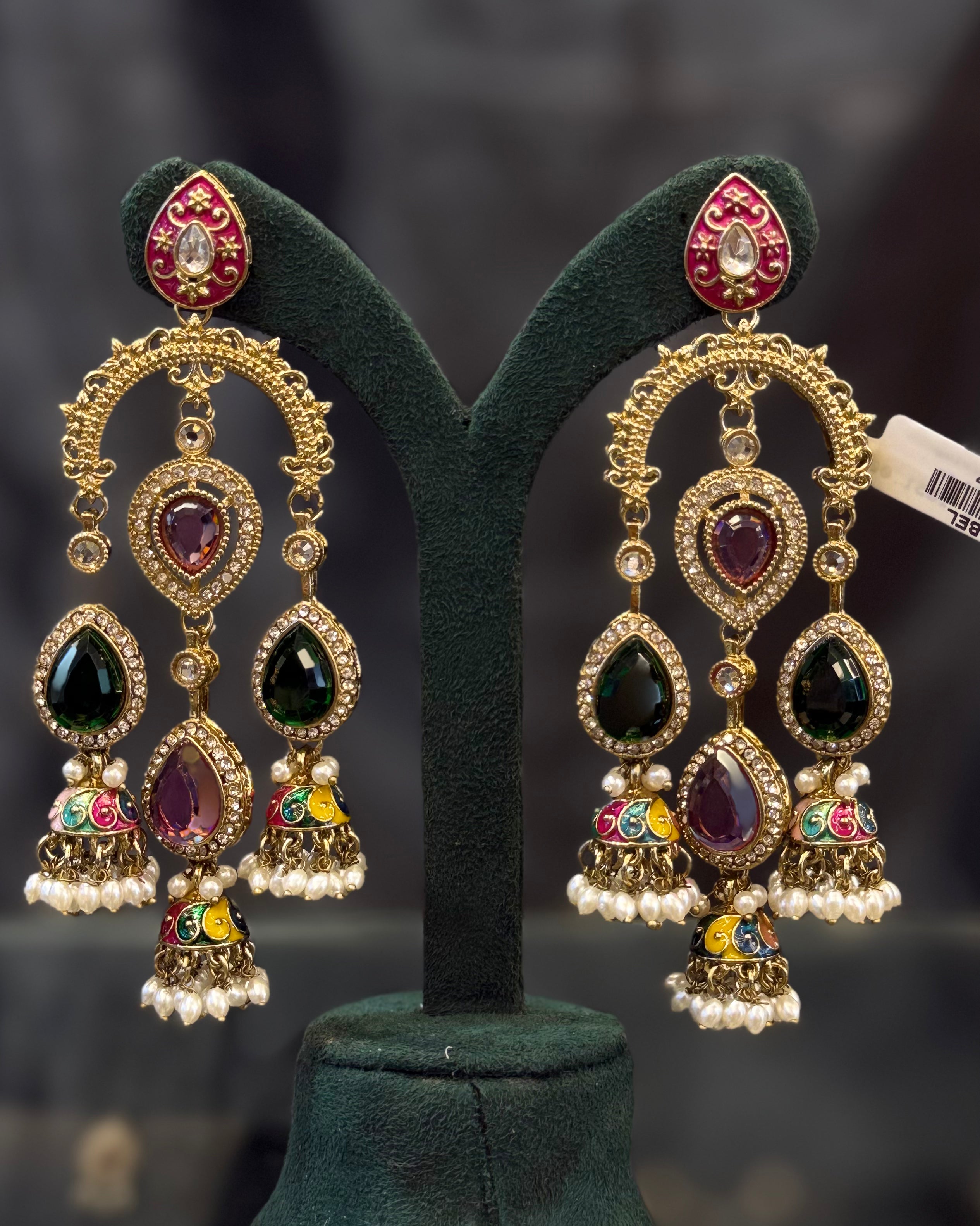 Multicolor Gold-Tone Traditional Jhumka Earrings with Kundan-Style Stones and Pearl Drops | THV527