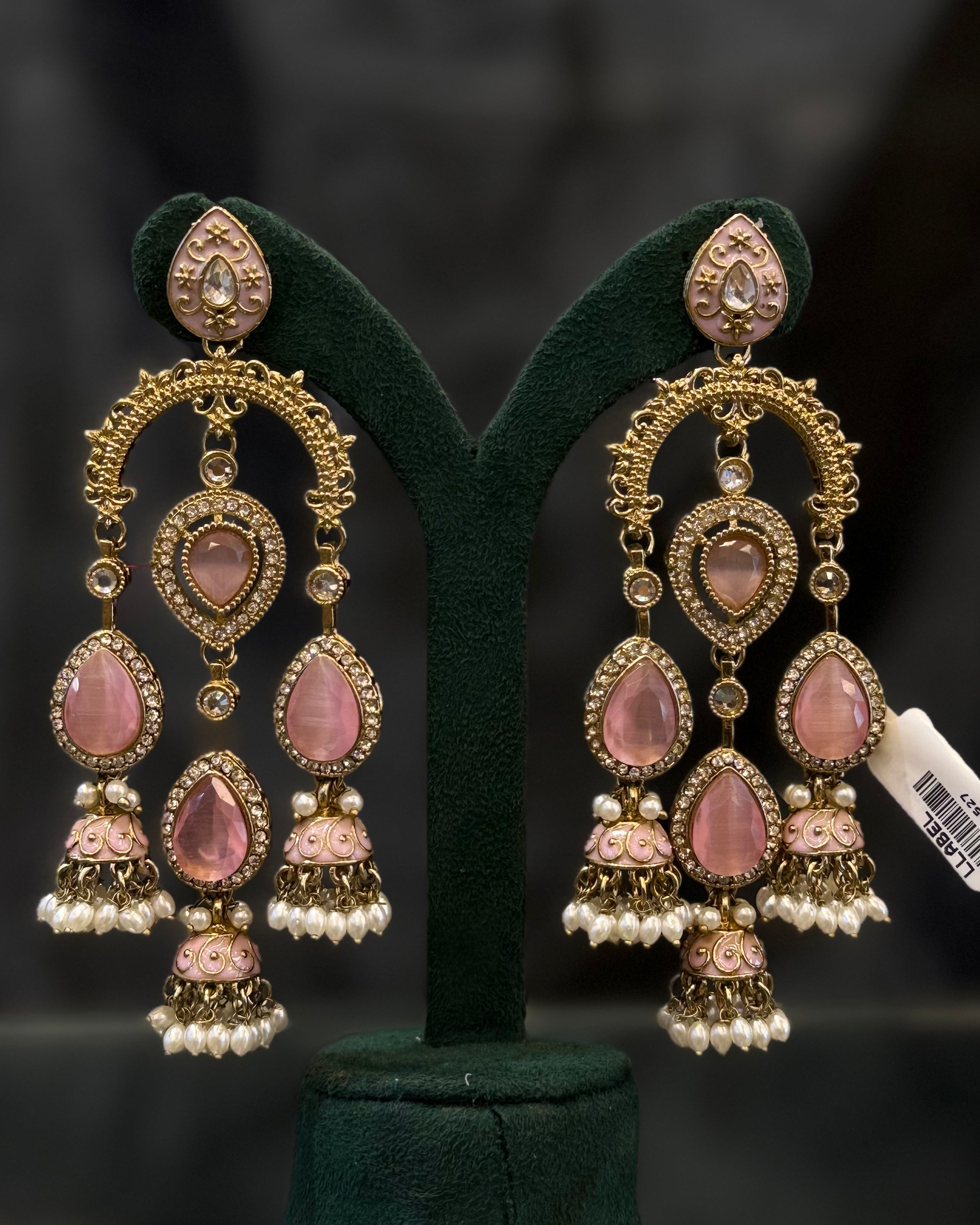 Multicolor Gold-Tone Traditional Jhumka Earrings with Kundan-Style Stones and Pearl Drops | THV527