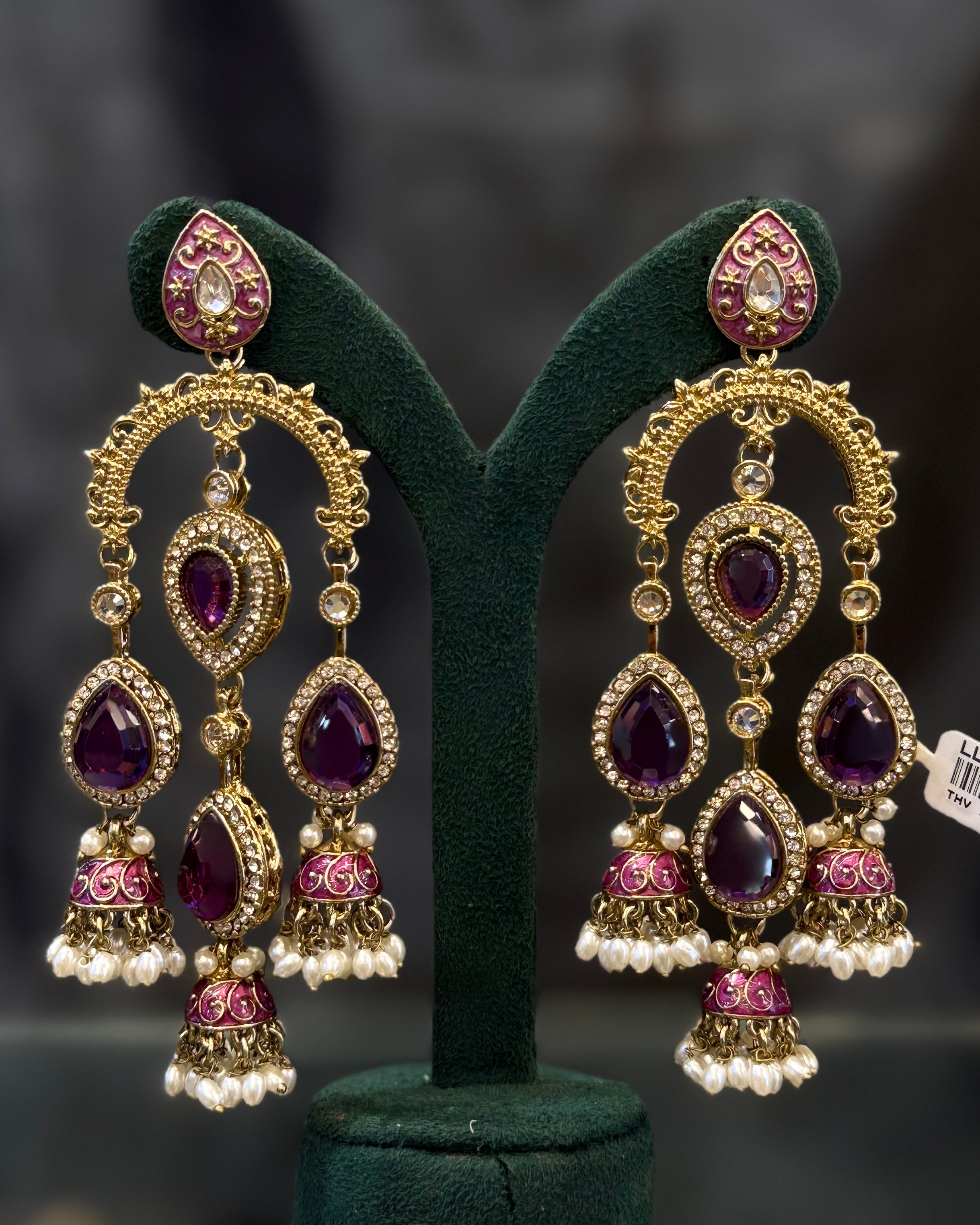 Multicolor Gold-Tone Traditional Jhumka Earrings with Kundan-Style Stones and Pearl Drops | THV527
