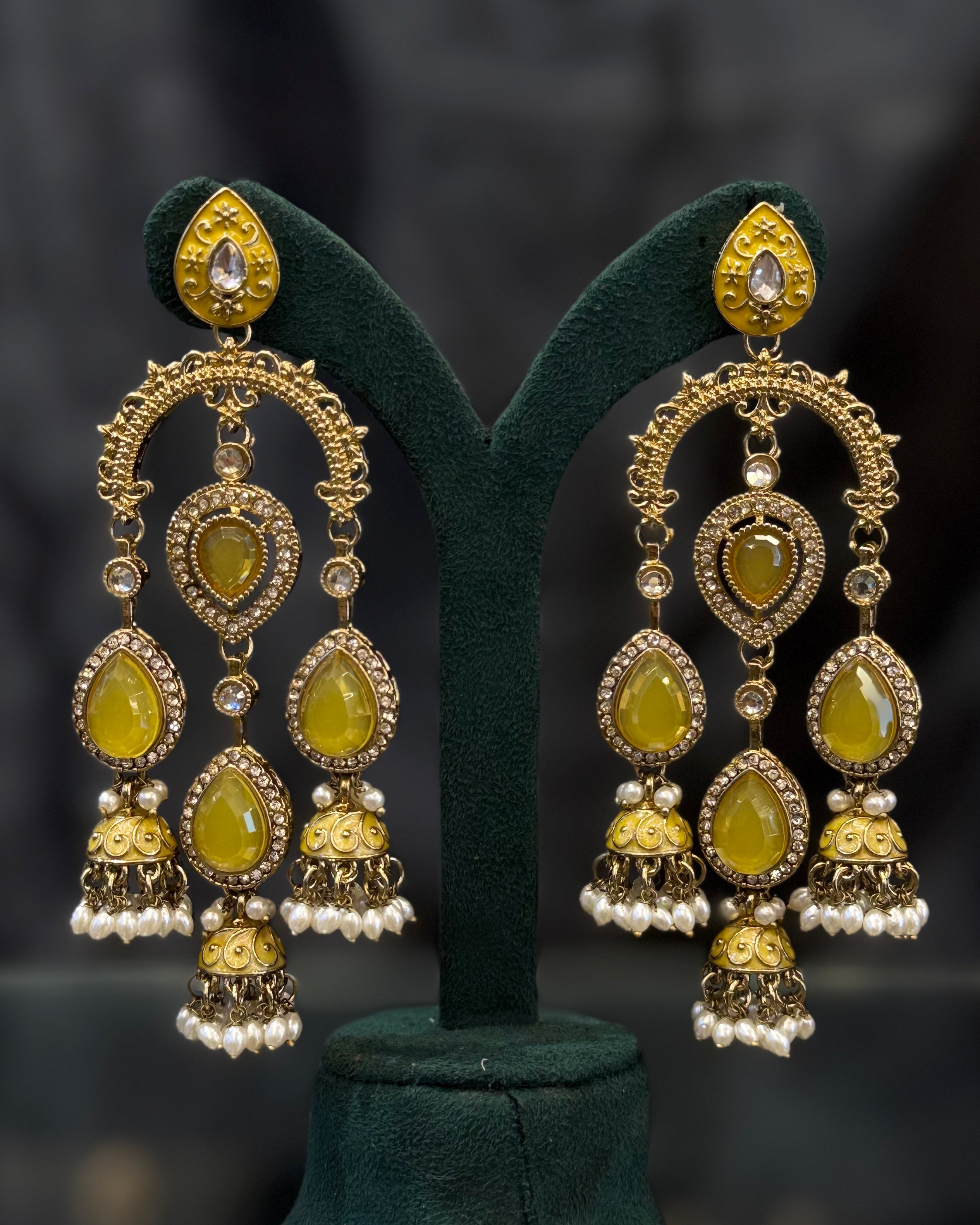 Multicolor Gold-Tone Traditional Jhumka Earrings with Kundan-Style Stones and Pearl Drops | THV527