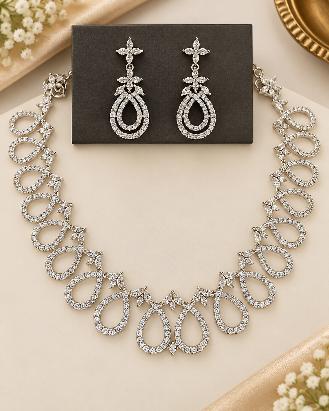 White Stone American Diamond Necklace Set |  THV59