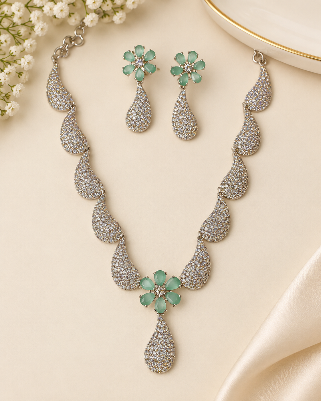 Mint Green Stone Necklace Set | THV60