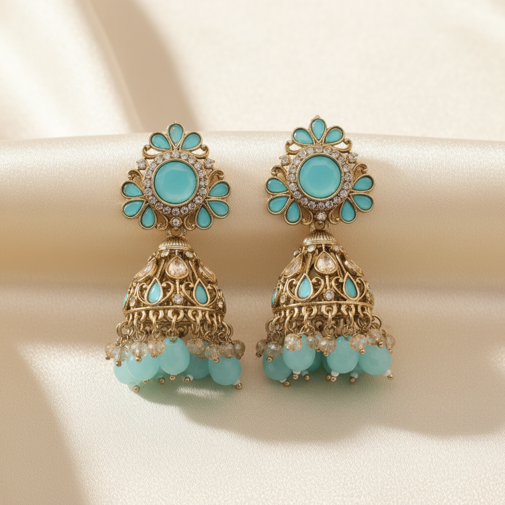 Antique Gold Turquoise Blue Floral Jhumka Earrings | LLB0204