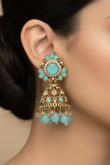 Antique Gold Turquoise Blue Floral Jhumka Earrings | LLB0204