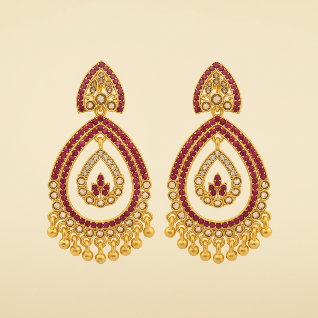 Gold Ruby Pink Stone Open Teardrop Chandbali Earrings | LLB0205