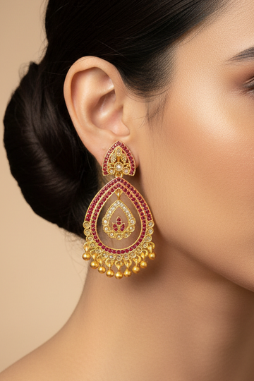 Gold Ruby Pink Stone Open Teardrop Chandbali Earrings | LLB0205