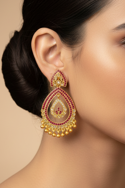 Gold Ruby Pink Stone Open Teardrop Chandbali Earrings | LLB0205