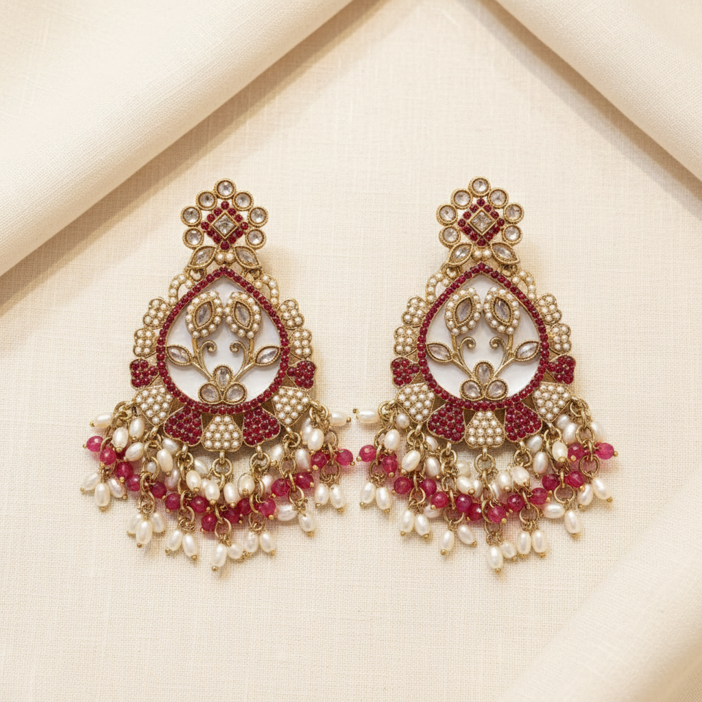 Antique Gold Kundan Ruby Red Chandbali Earrings with Pearl Drops | LLB0201