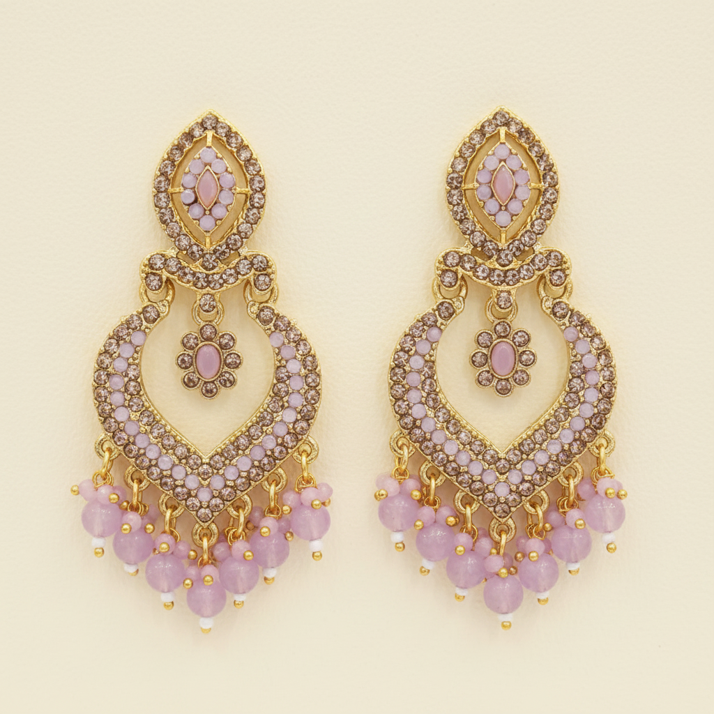 Gold Lavender Purple Stone Chandbali Drop Earrings | LLB0202
