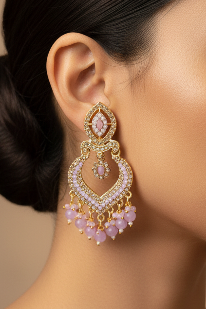 Gold Lavender Purple Stone Chandbali Drop Earrings | LLB0202