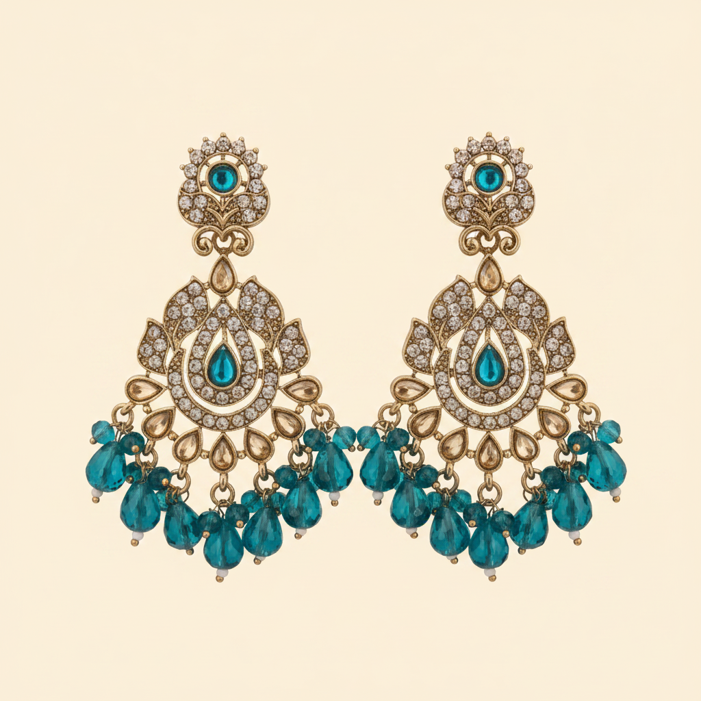 Antique Gold Peacock Teal Blue Crystal Chandbali Earrings | LLB0203