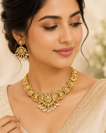 Gold Nakshi Lakshmi Peacock Coin Choker Necklace Set | OL 32