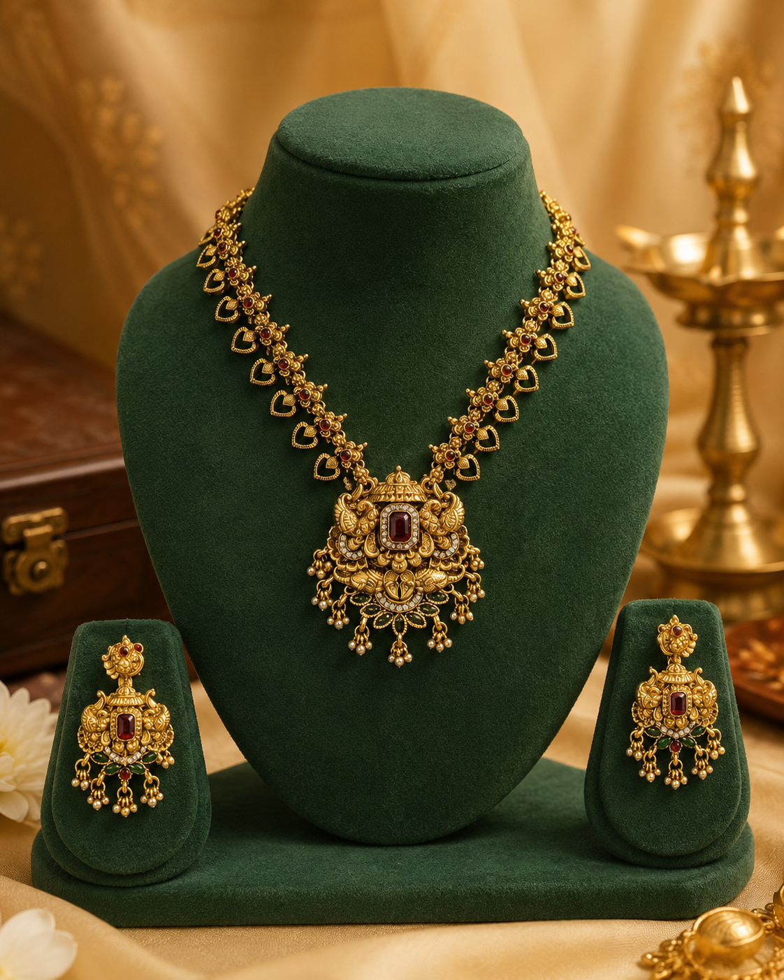 Antique Gold Peacock Temple Necklace Set with Ruby & Pearl | OL151