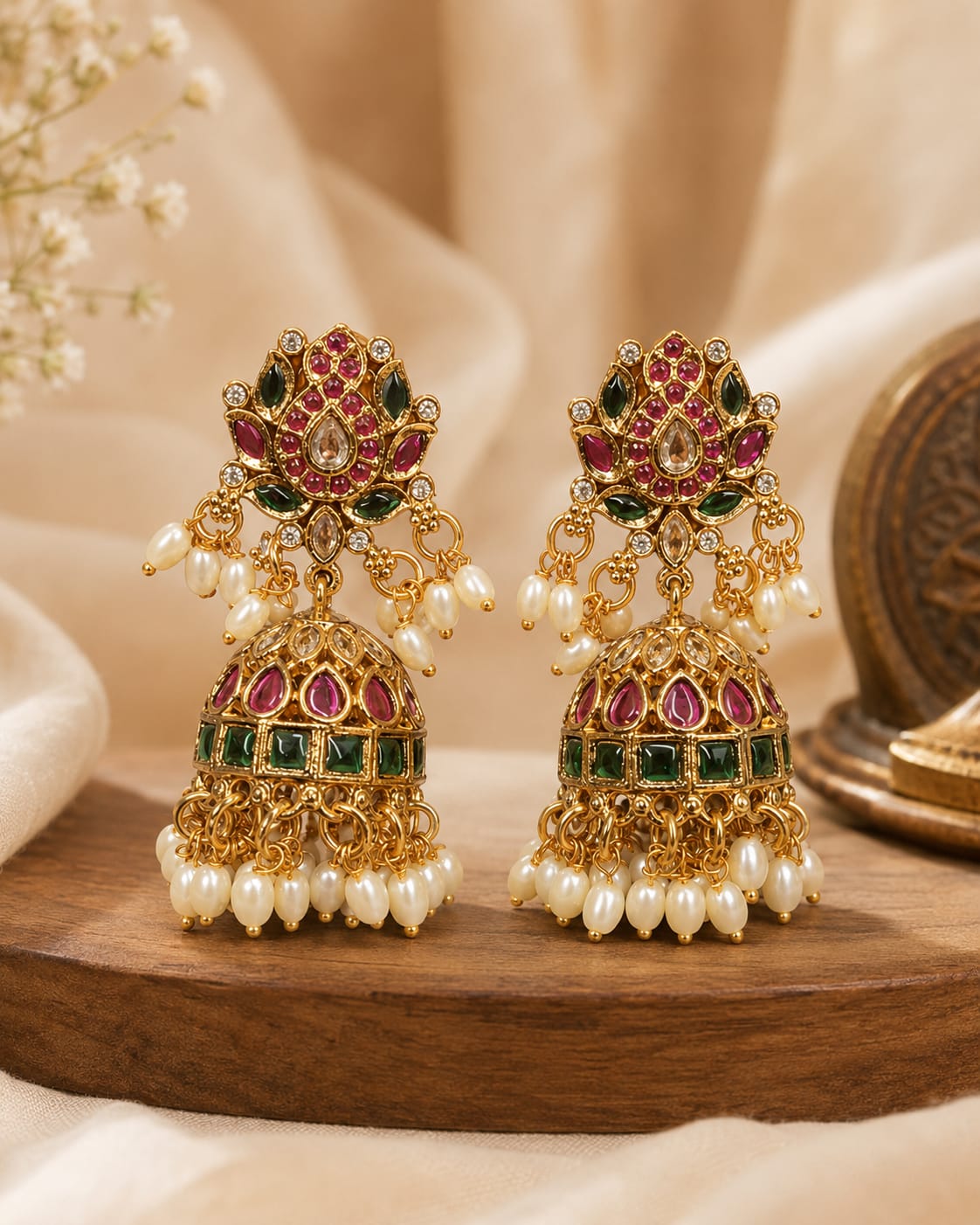 Gold Kundan Lotus Jhumka Earrings with Ruby & Emerald | OL224