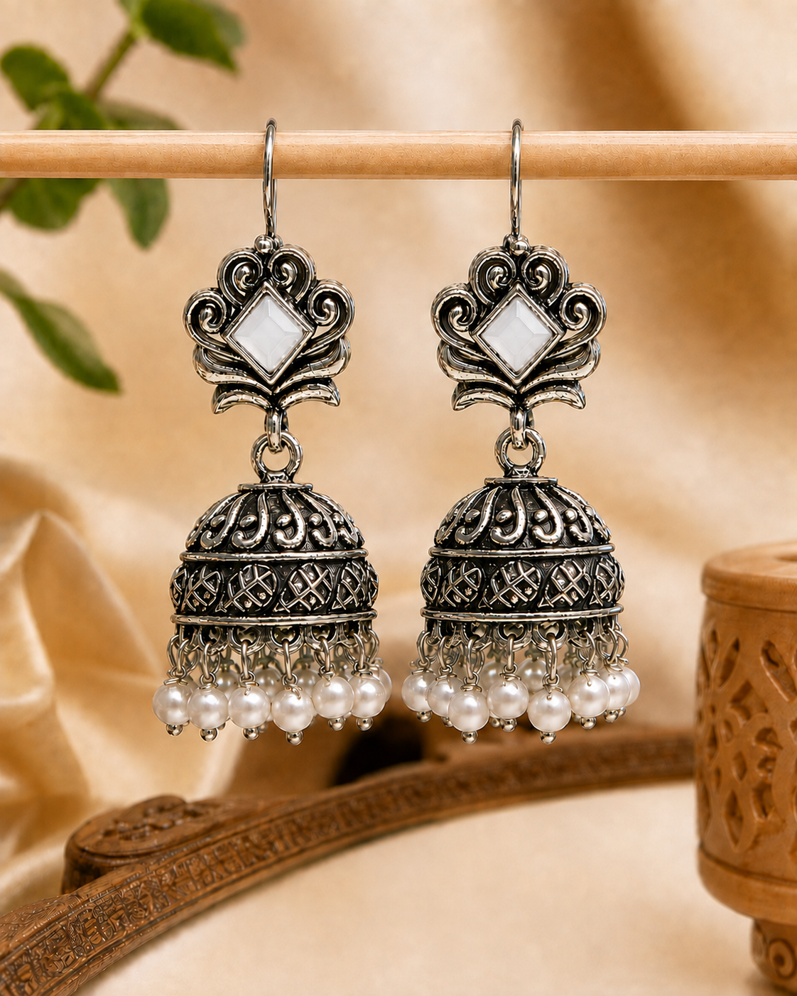 Oxidised Silver Jhumka Earrings with Black Stone & Pearls | OLS5