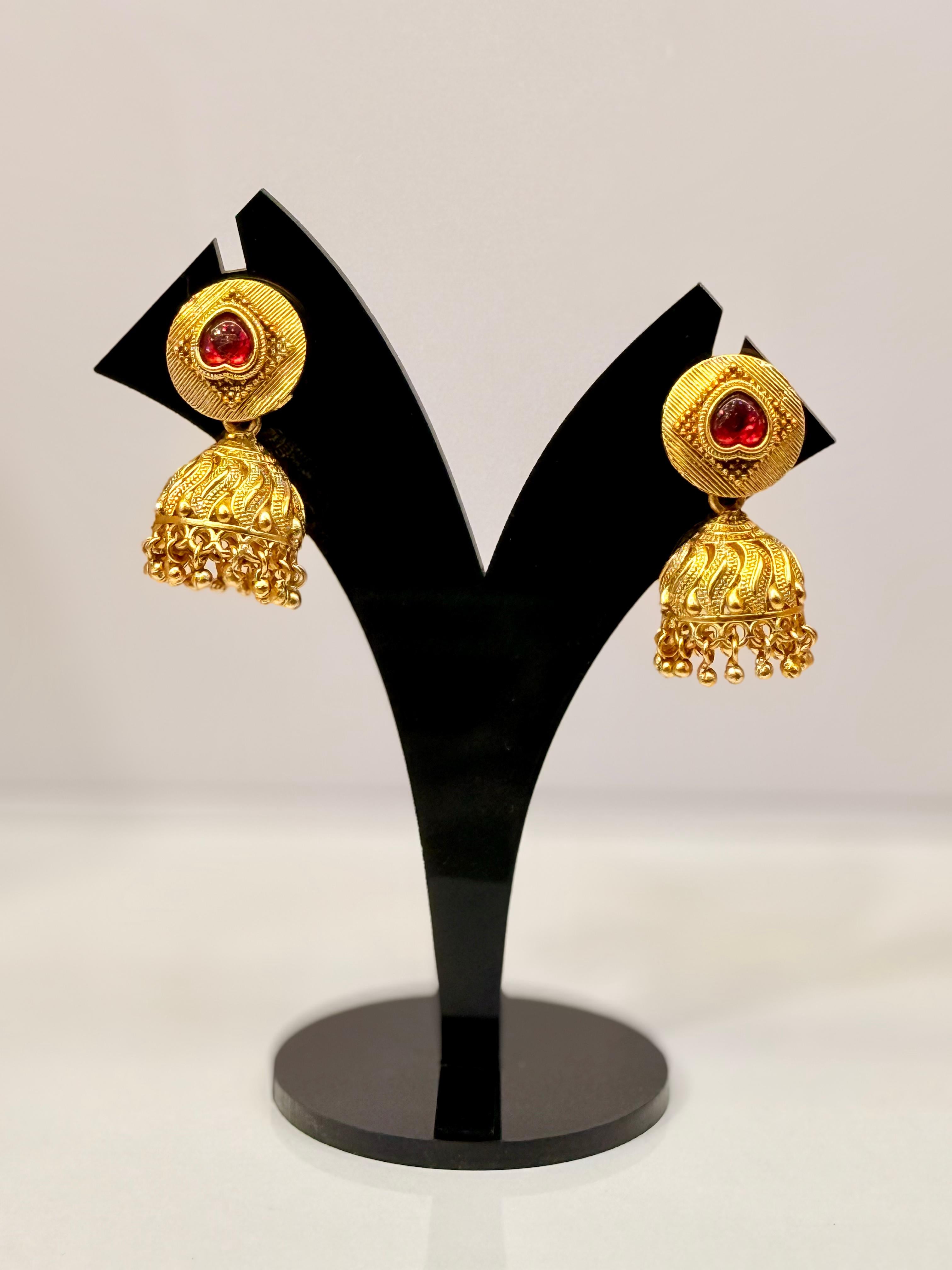 Antique Gold-Plated Jhumkas with Red Stone
