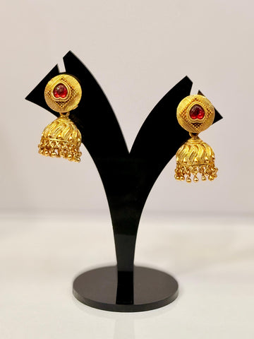 Antique Gold-Plated Jhumkas with Red Stone