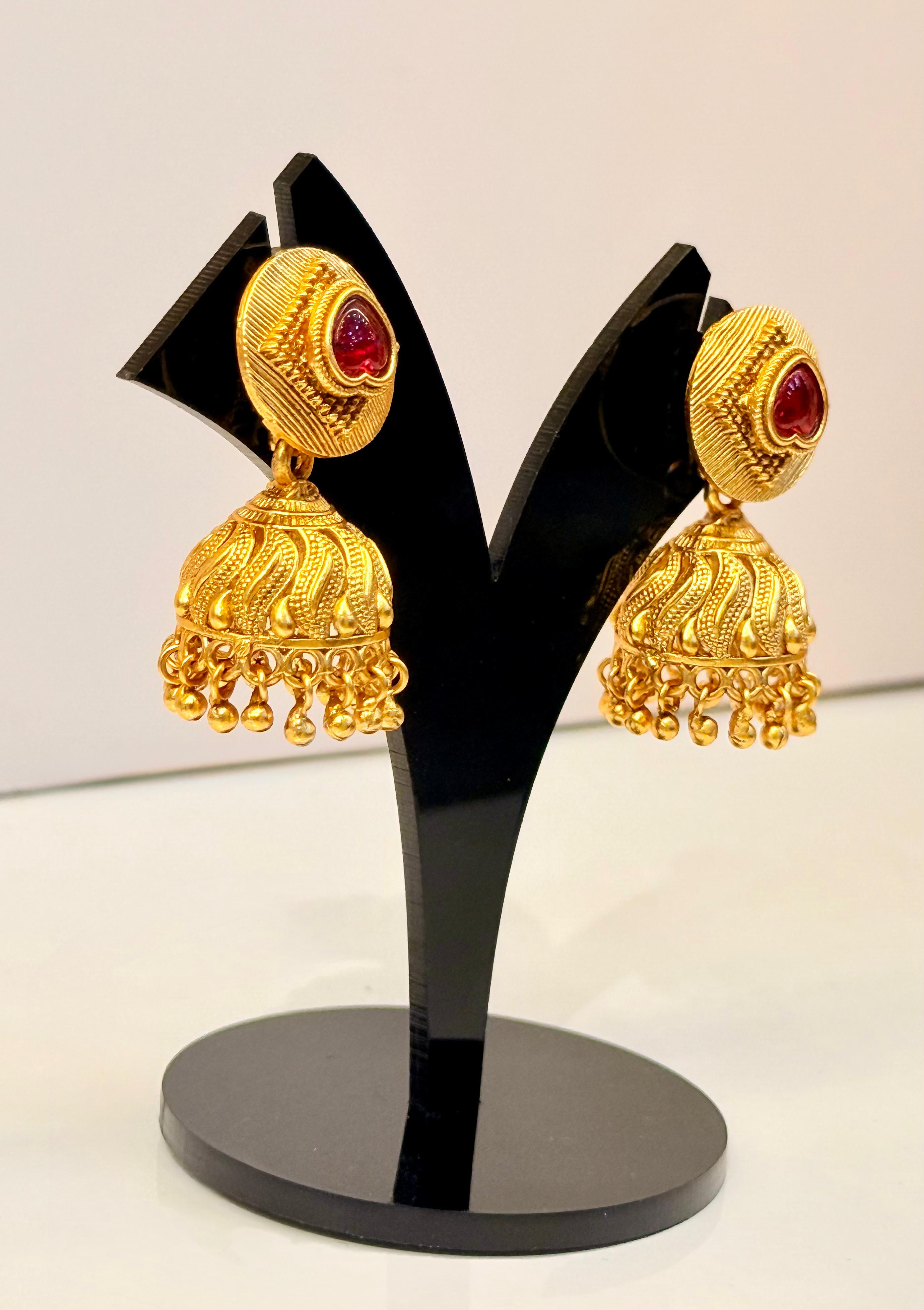 Antique Gold-Plated Jhumkas with Red Stone