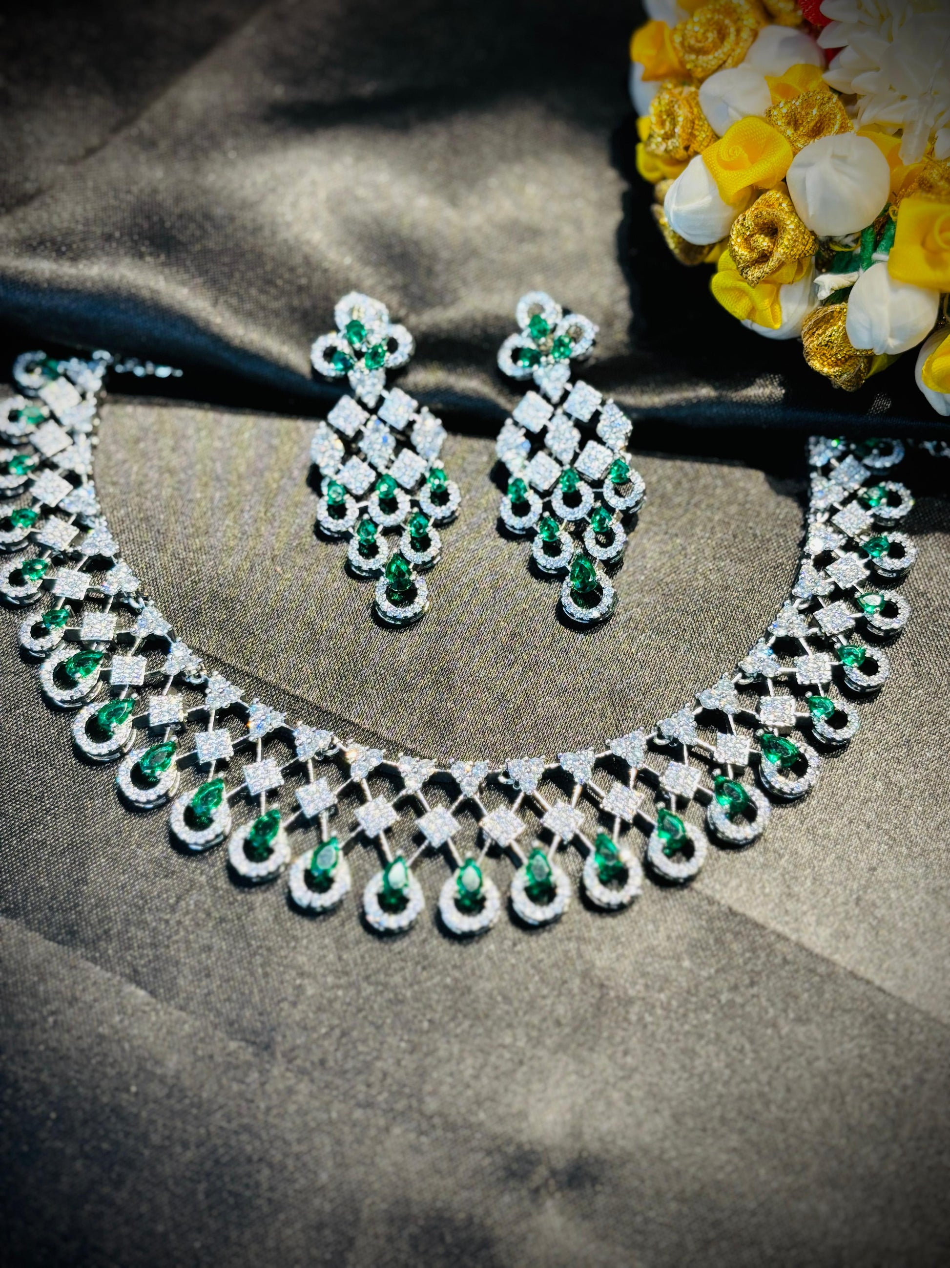 Green & White American Diamond Necklace