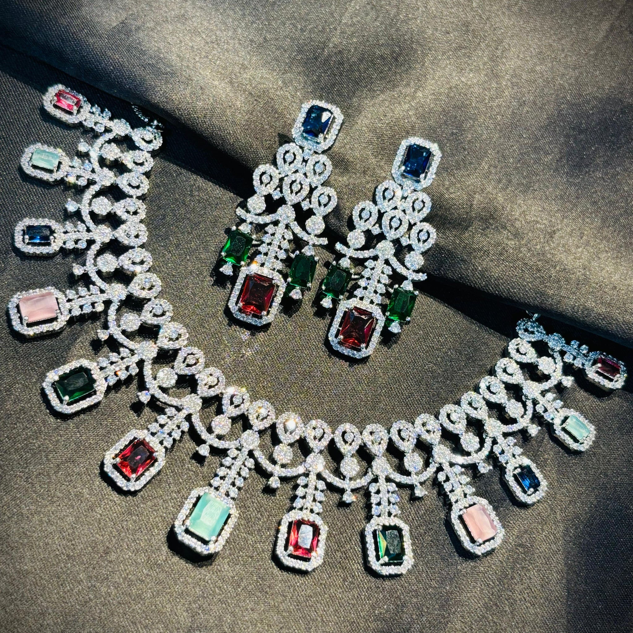 Multi-Colour American Diamond Necklace & Earrings