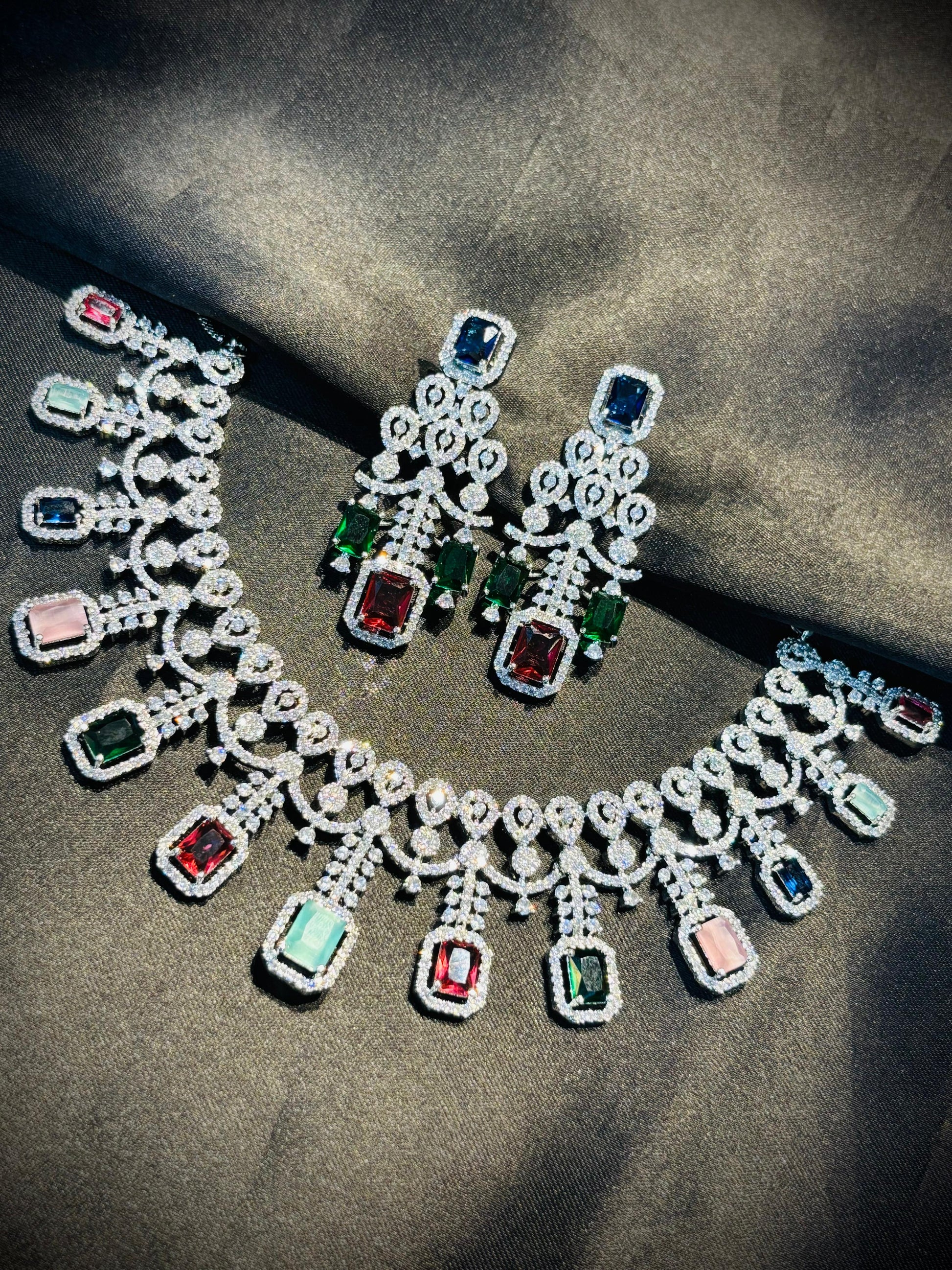 Multi-Colour American Diamond Necklace & Earrings