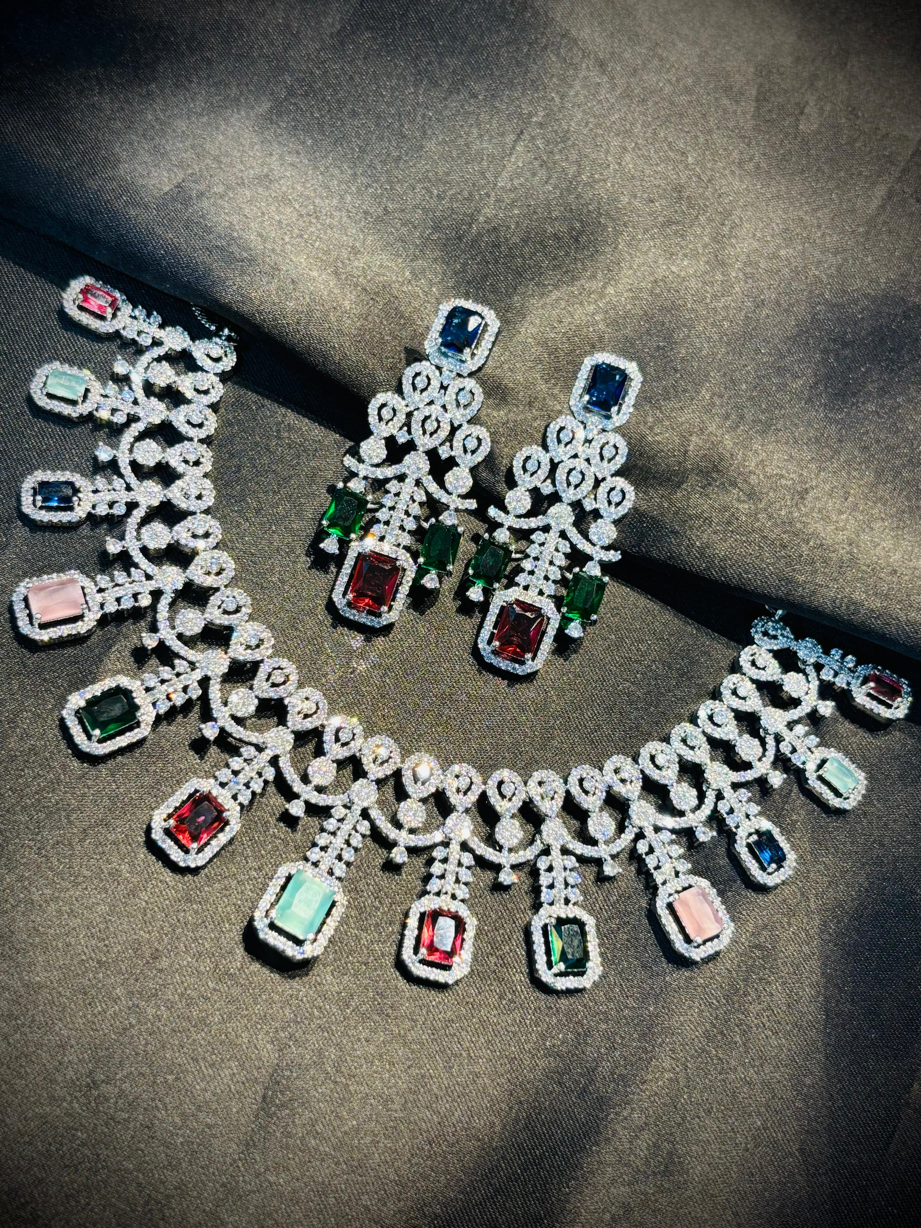 Multi-Colour American Diamond Necklace & Earrings