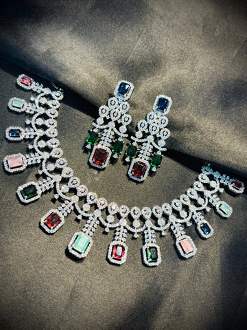Multi-Colour American Diamond Necklace & Earrings