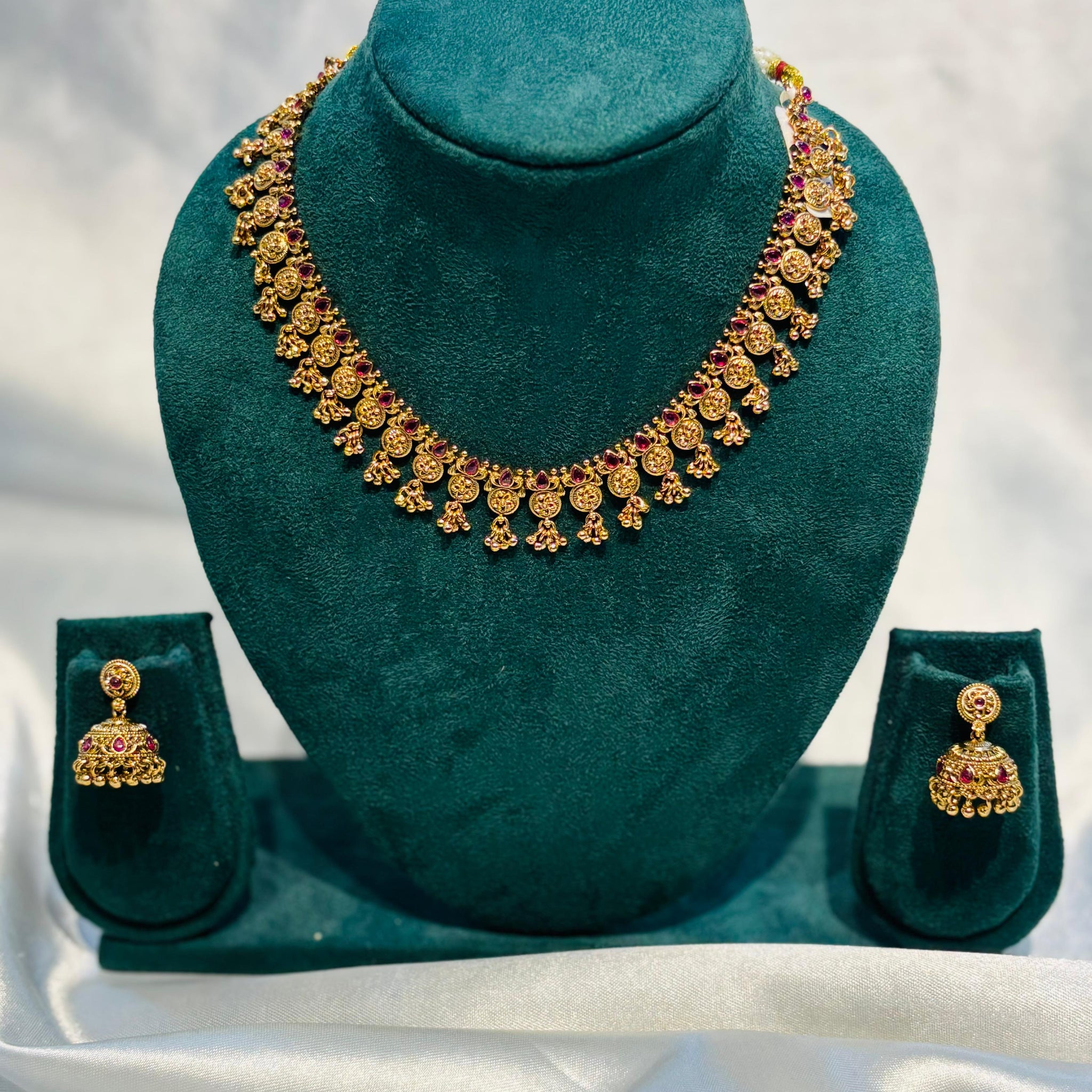 Traditional Gold Plated Temple Necklace Set with Jhumka Earrings