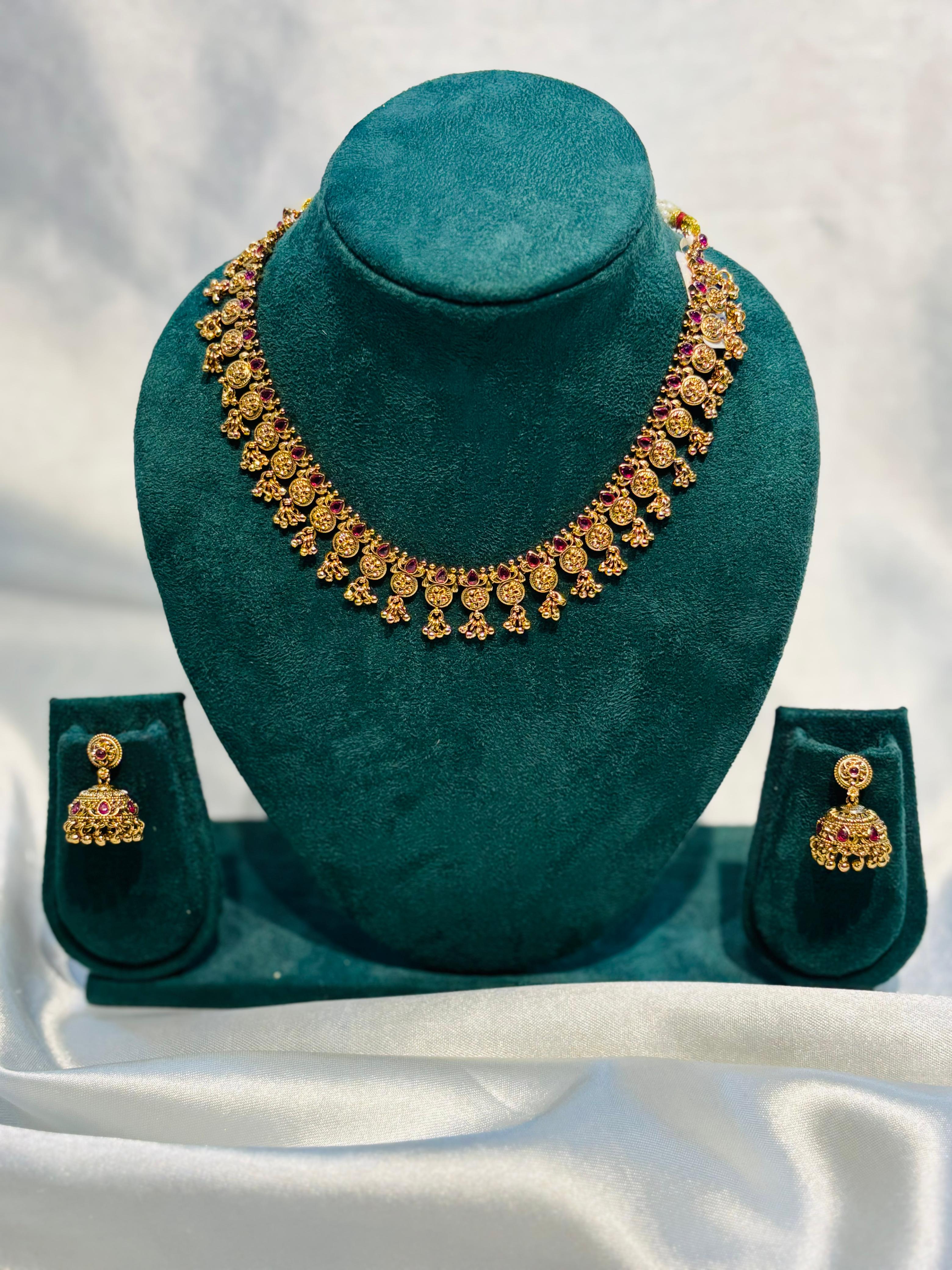 Traditional Gold Plated Temple Necklace Set with Jhumka Earrings