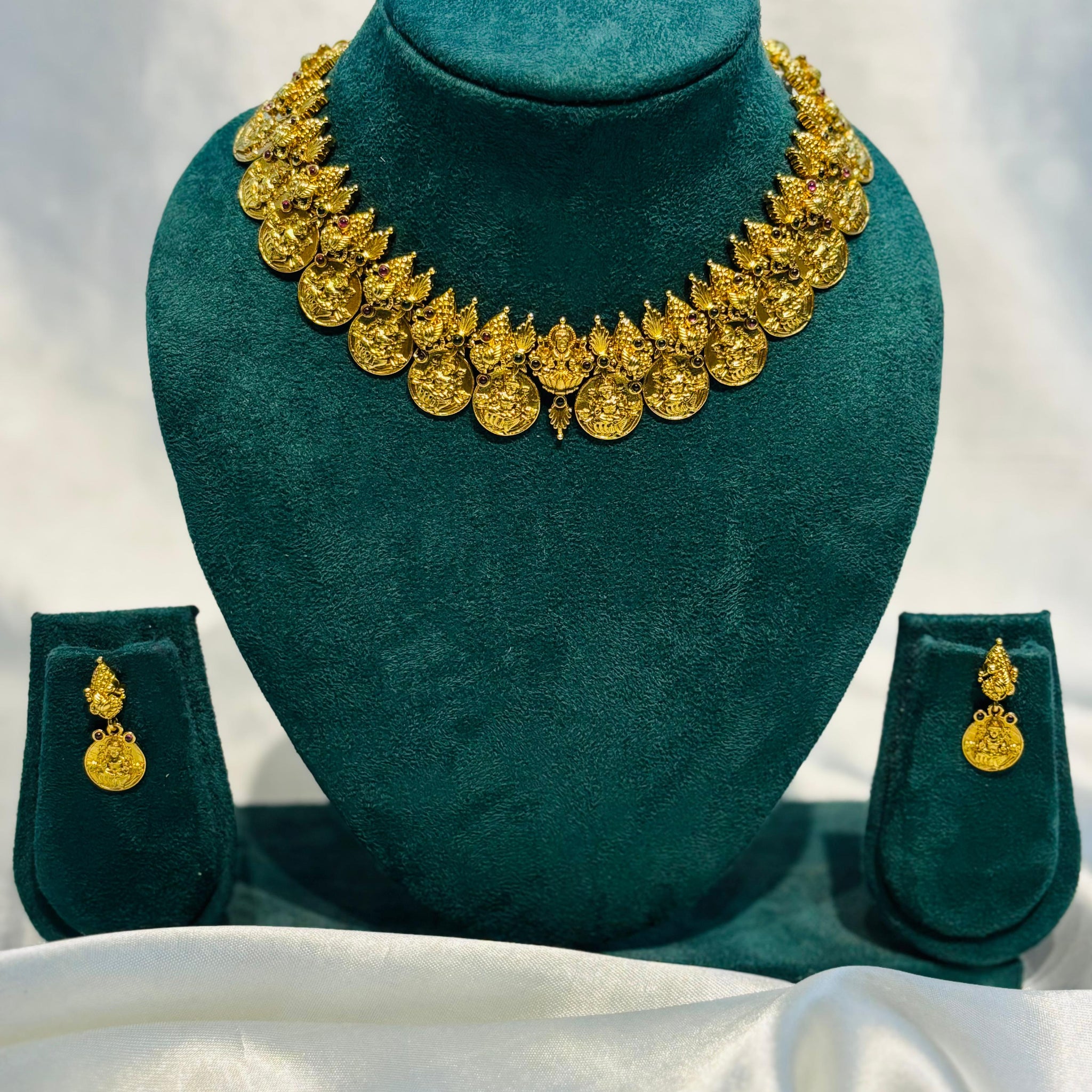 Traditional Gold Plated Lakshmi Coin Necklace Set with Earrings | Antique Temple Jewelry Design