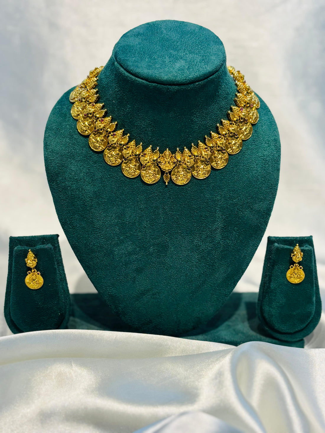 Traditional Gold Plated Lakshmi Coin Necklace Set with Earrings | Antique Temple Jewelry Design