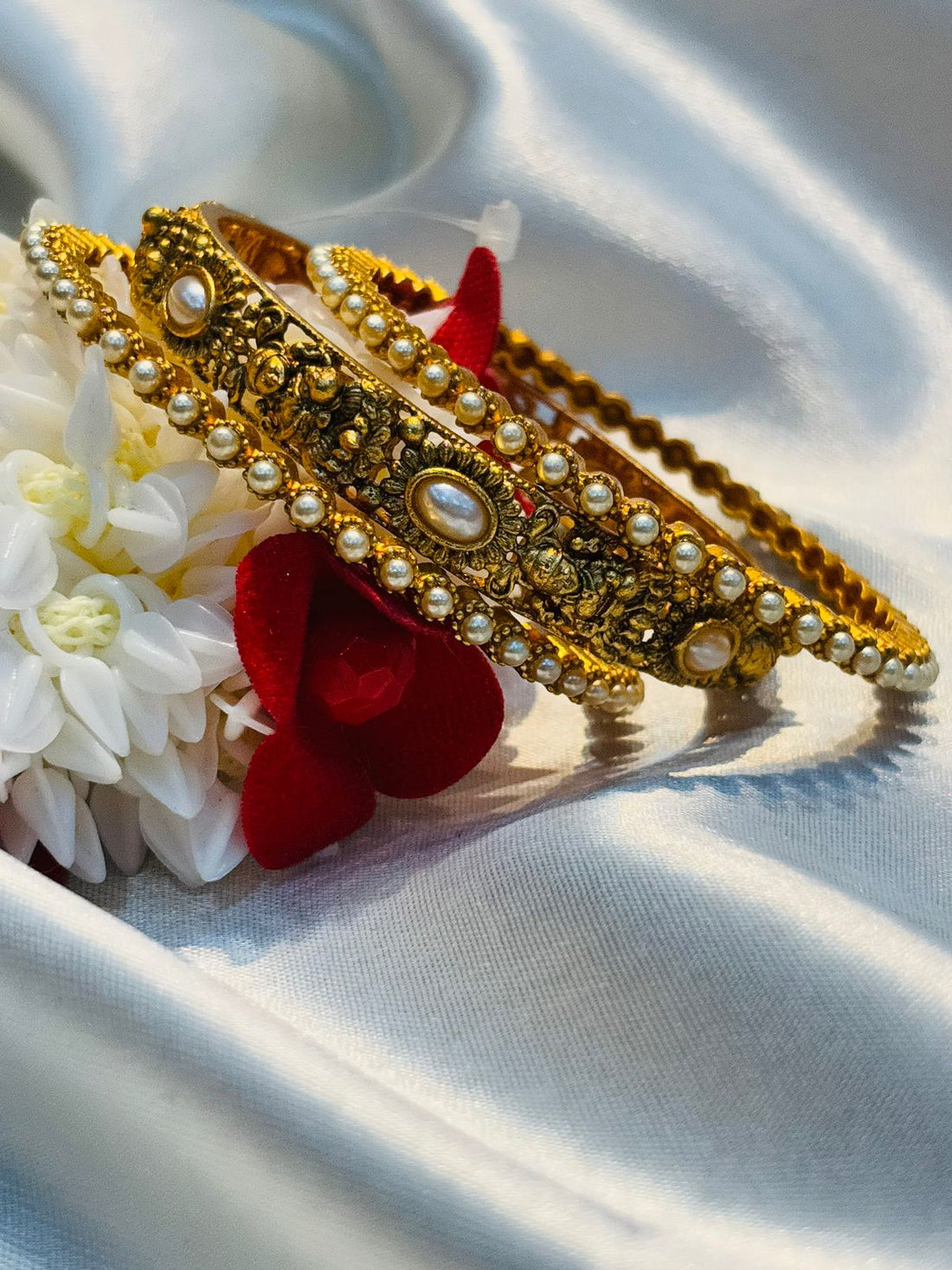 Traditional Bangles with Pearls & White Stones 