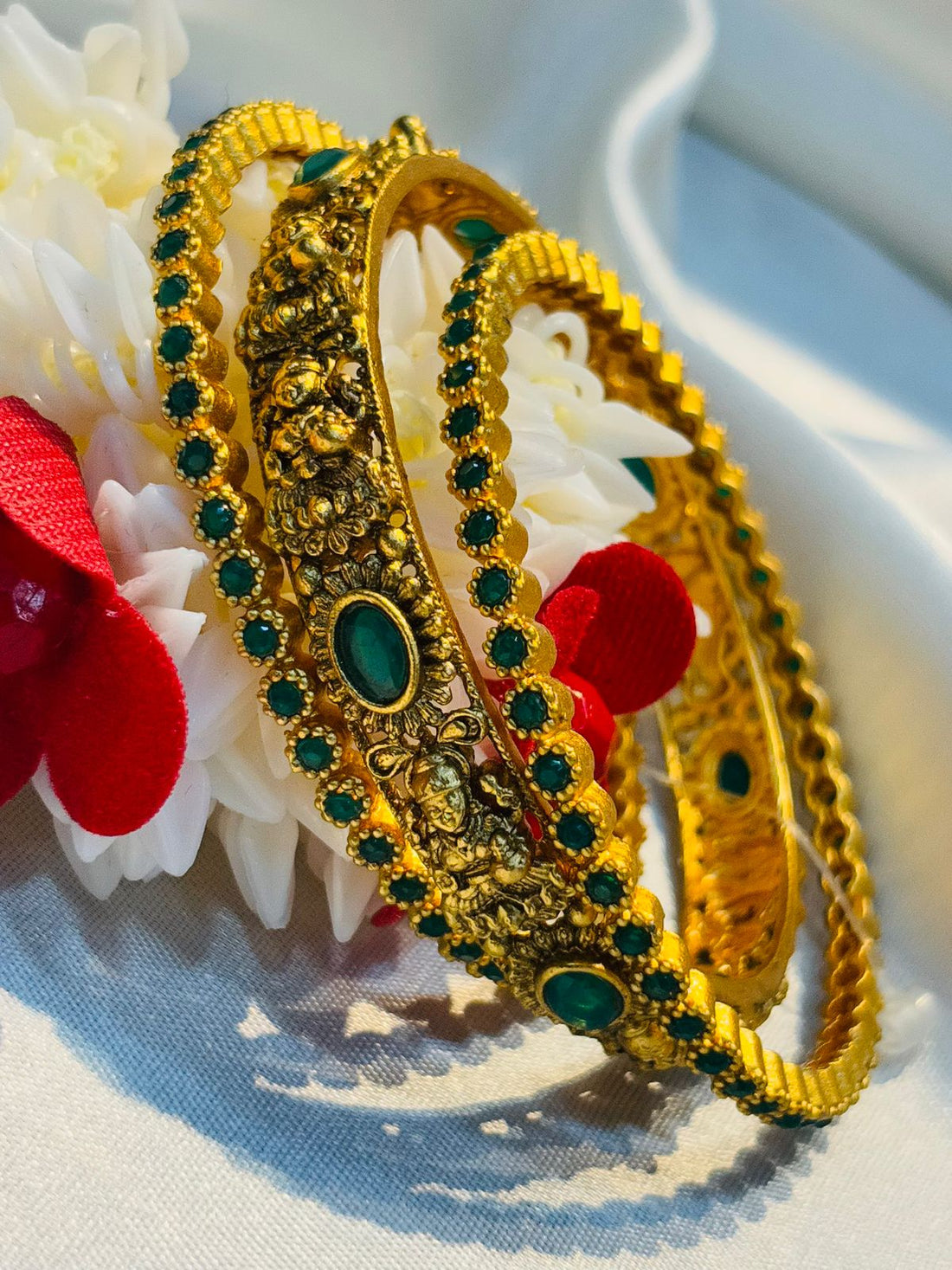 Traditional Bangles with Pearls & Green Stones