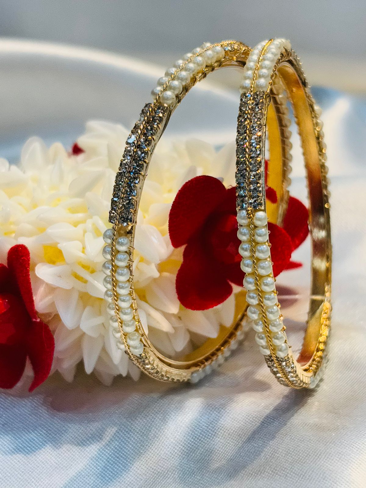 Traditional Bangles with Pearls & White Stones  |  LB216