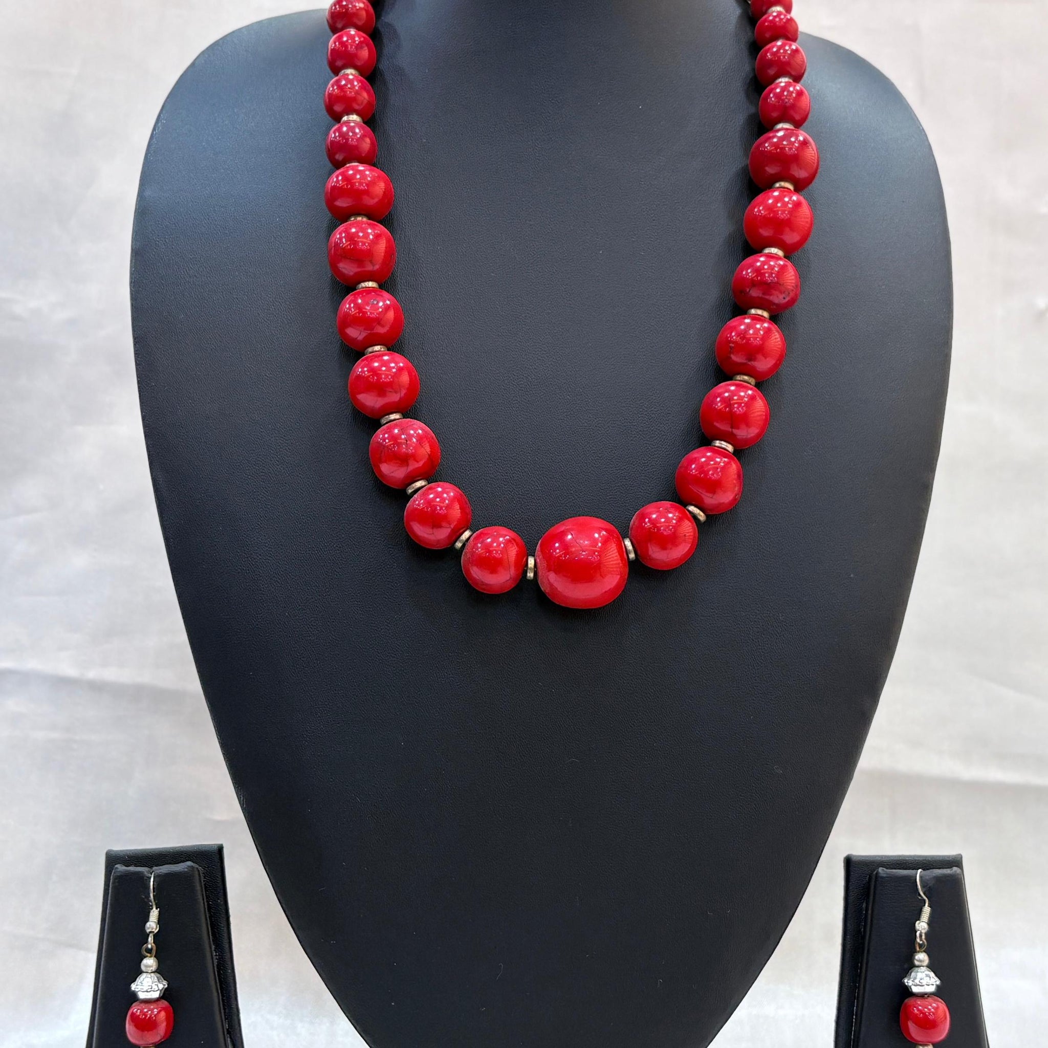 Stylish Beaded Long Chain Necklace Set – Red Stone Jewelry for Women