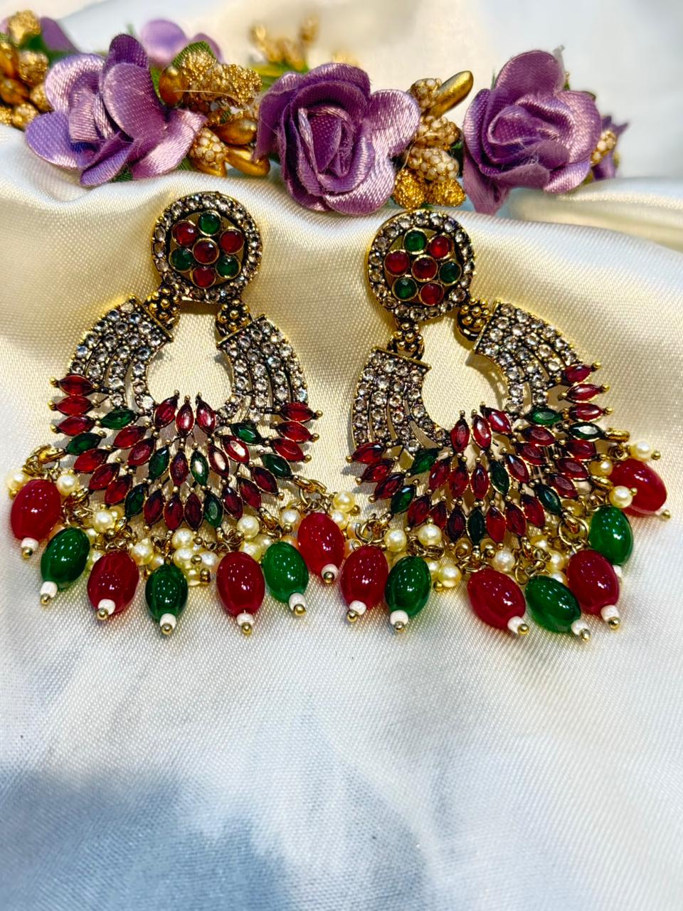 ELEGANT GREEN&RED POLKI STONE EARRINGS LLB-276
