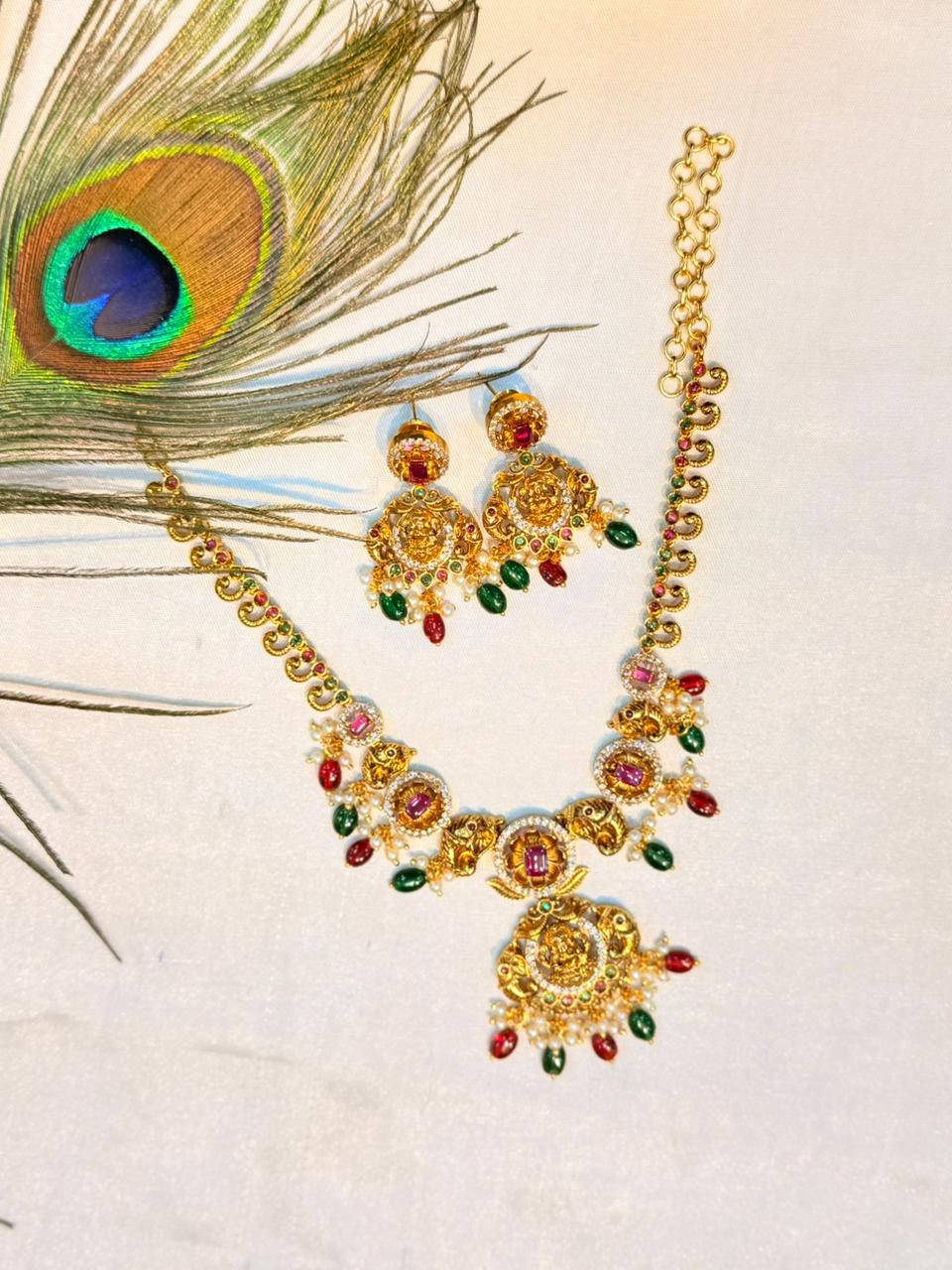 Traditional Red&Green pearl Antique Gold Finish Temple Design Necklace LLB-282