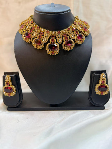 LUXURY RUBY &GOLD POLKI NECKLACE SET -LLB 284