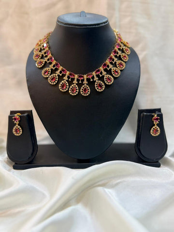 AMERICAN DIAMOND RUBY GOLD NECKLACE SET -llb 283