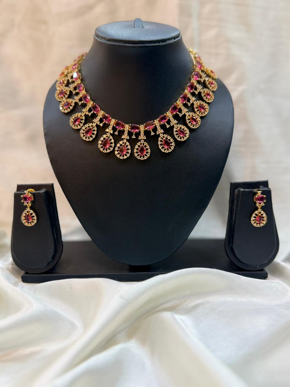 AMERICAN DIAMOND RUBY GOLD NECKLACE SET -llb 283