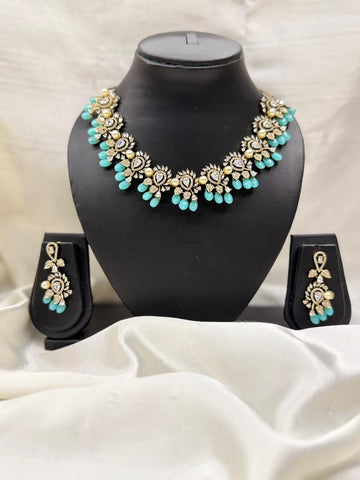 DESIGNER AMERICAN DIAMOND NECKLACE SET WITH AQUA BLUE DROPS LLB -290