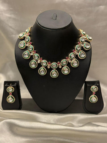 PREMIUM KUNDAN STONE GOLD FINISH NECKLACE SET LLB-296