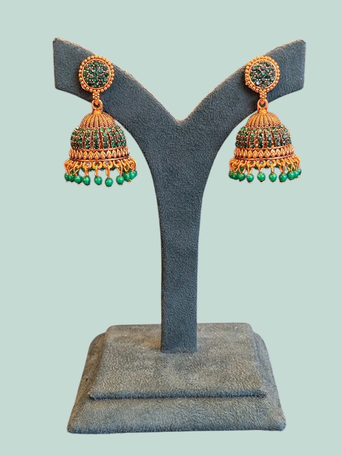 Antique Gold Emerald Green Stone Jhumka Earrings,llb901